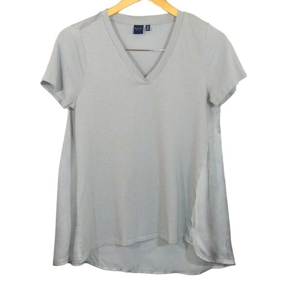 Kaari Blue Womens Grey V Neck Contrast Satin Silky Back Hi Low Top Tee Shirt XS - Picture 1 of 11